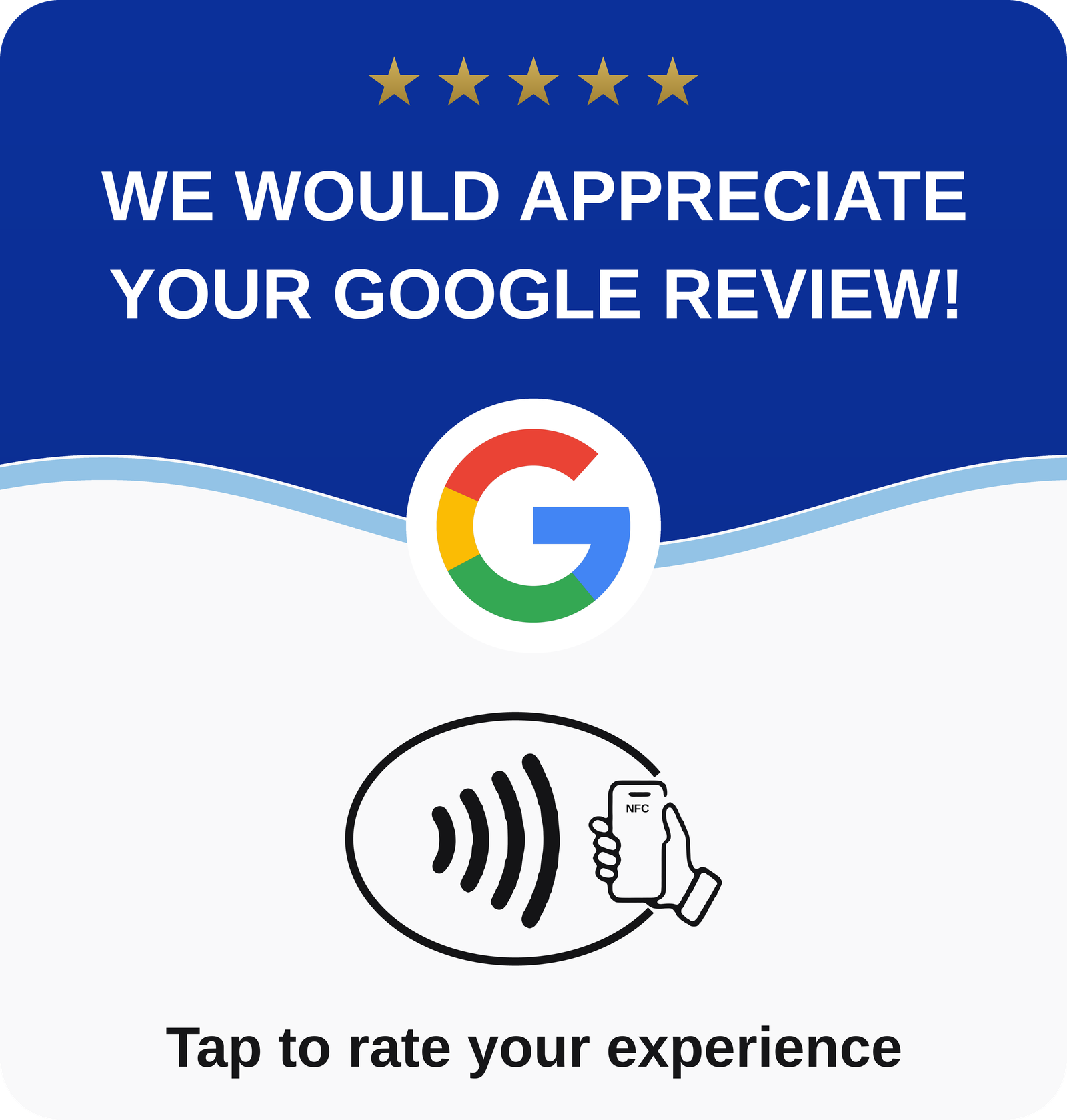 Tarjeta Vanguard NFC para reseñas de Google con acabado acrílico premium